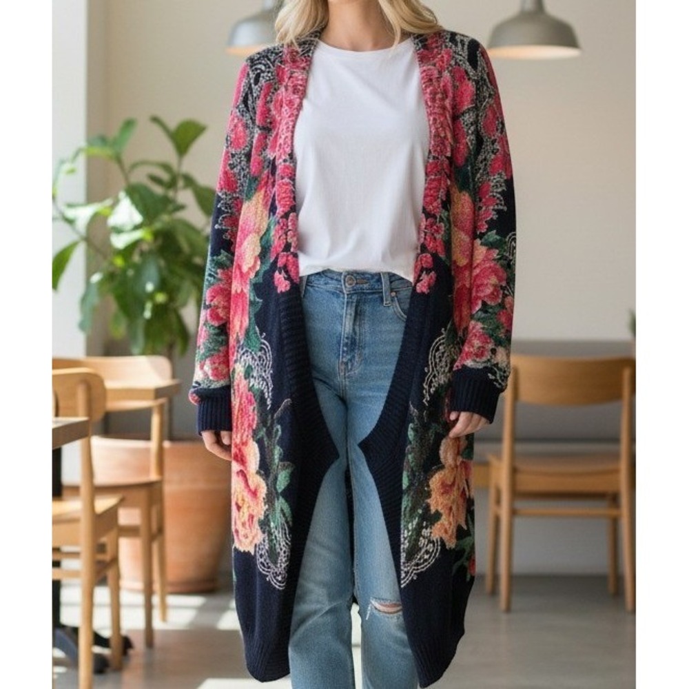 Desigual Women Blue Colorful Floral Sequin Open Front Cardigan XS Whimsigoth